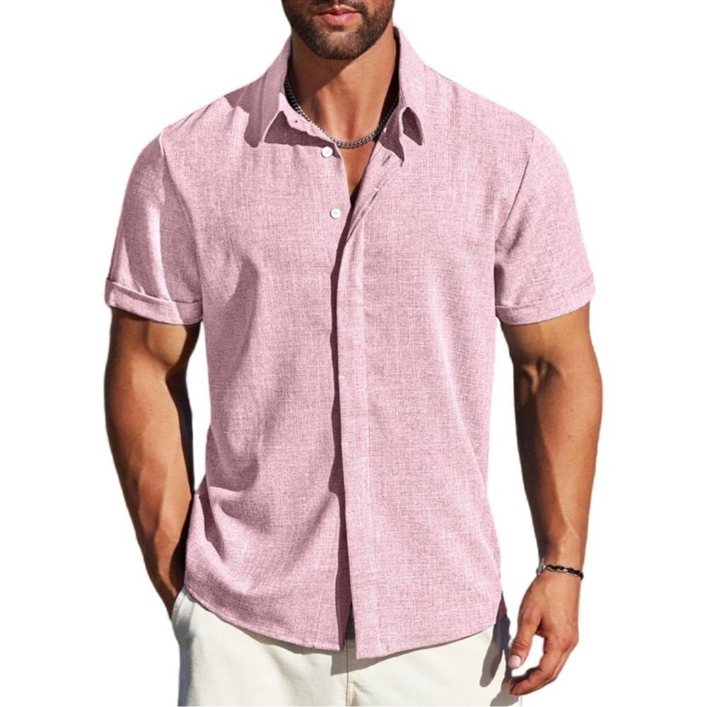Men's Pink Linen Short Sleeve Button Down Casual Shirt Business Dress